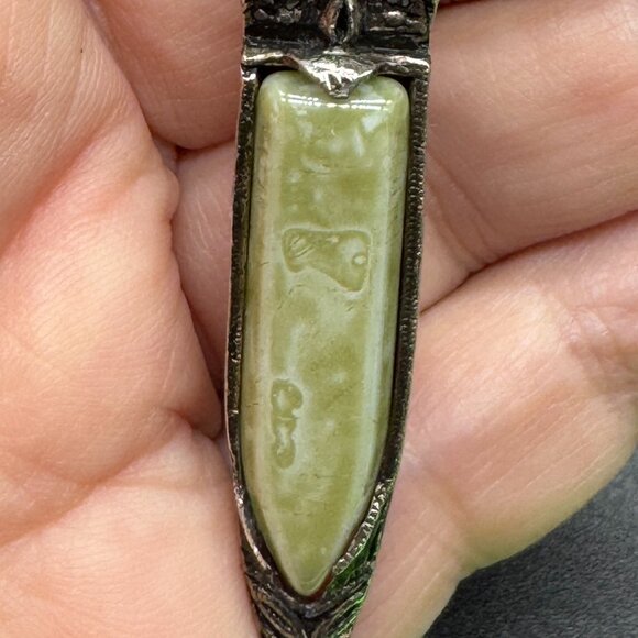 Metal Dagger Brooch Ecelctic Carvings with light green Stone - Picture 4 of 7